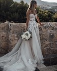 Boho Wedding Dresses Strapless Crystals Lace Appliques Flowy A-line Bridal Gowns