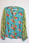 Benares Floral Bicycle Print Blouse Sz L Aqua Viscose V-neck Long Sleeve Boho