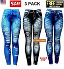 Women Blue Fake Faux Denim Jeans Jeggings Leggings Pants One Size Fits S m l
