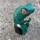 Hand Carved   Painted Wood Frog From Indonesia Sitting On A Black Stool