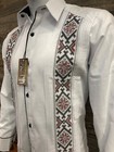 Mexican Mens Wedding Guayabera Shirt Long Sleeve Elegant Black Red Embroidery