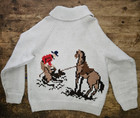 Vtg Cowichan Calf Roping Cardigan Wool Hand Knit Horse Cowboy Zip Sweater Mens M