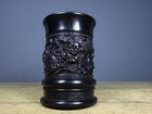 Chinese Natural Ebony Hand-carved Exquisite Lion Rolling Ball Brush Pot             2592