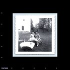 Old Vintage Square Photo Trio Man Women In Yard By House Snapshot Picture