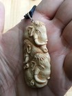 Elephants Group Bone Hand Carving Pendant W  Antique Color Sterling Silver Bale