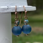 Min Favorit Teal Sea Glass Peach Teal Painted Glass   Copper Drop Earrings