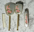 Mascot England Vtg 4pc Dressing Table Set Pink Floral Design Gold Tone Metal