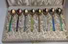 Vintage Scandinavian Silver Center 8 Pc Enameled Sterling Silver Spoon Set