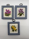 Vintage Three Mini Plastic Frame Finished Floral Crewel Wall Hanging 3 75 X 3 25
