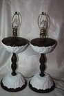 Vintage Matched Pair Of Mcm 60 s Wood And Milk Glass Bowl Lamps - Work Great