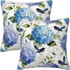 Blue And White Floral Pillow Covers 18x18 Set Of 2  Spring Hydrangea Hibiscus   