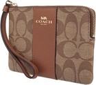 Coach Corner Zip Wristlet Pouch Khaki Signature Canvas Saddle Stripe F58035 Nwt