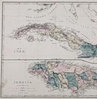 1875 Cuba - Jamaica Map Original Havana - Kingston Large Hand-colored