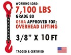 3 8  X 10  Grade 80 Chain Sling Sgs Single Leg W  Grab And Latch 7100 Lb Wll