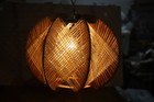 Vintage Mid-century Modern Teakwood And Rattan Weave Hanging Swag Lamp