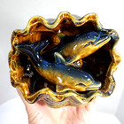 Pottery Dolphins Conch Shell Votive Candle Holder Ceramic Reticulated Stars