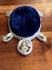 Vintage Silver Tone Turtle Pin Cushion Blue Velvet Rhinestone Eyes Sewing