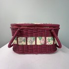 Vintage Sewing Basket Wicker Floral Burgundy Large Woven Craft Storage Organizer