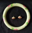 Antique  Vintage Mint Green Floral Porcelain Bracelet   Ear Rings Set  Free Ship