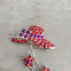Vintage Red Hat Purple Bow Rhinestone Brooch Silver Tone Floral Dangle Pin Jewel