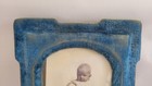 Antique Victorian Peacock Blue Velvet Picture Frame With An Old Photo Of A Baby