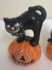 Trio Of Ceramic Halloween Cat On Pumpkin Figurines Vintage Inspired Spooky