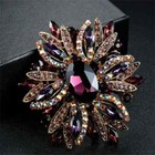 New Elegant Blue Flower Gold Tone Large Brooch Pin Green Rhinestone Crystal Gift