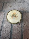 Vintage Vanity Loose Powder Jar Glass With Brocade Floral Lid