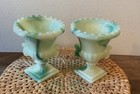 Akro Agate Green White Swirl Glass Urn Toothpick Holder Mini Vase Pair Vintage