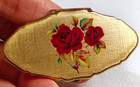 Vintage Stratton England Gold Tone Scalloped Oval Red Rose Floral Lipstick Case