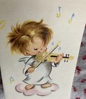 Vintage Unused Mid Century Christmas Card Cute Little Boy Angel Playing Violin