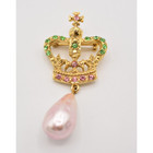 Vintage Crown Pin Brooch Dangle Pearl Green Rhinestone Crystal Gold Nos Bina15