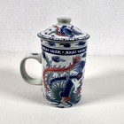 Vintage Chinese Dragon Phoenix Porcelain Tea Mug With Lid   Infuser Blue White