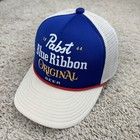 Pabst Blue Ribbon Hat Brew City Foam Trucker Snapback Blue Spellout Beige Mesh