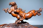 5 7  Chinese Box-wood Carving 12 Zodiac Animal Two Run Horse Pine Tree Statue