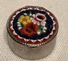 Vintage 1950   s Micro Silver Mosaic Floral Multicolored Round Pill Box Italy