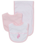 Little Me Baby Girl Pink And White Reversible Bib   Burp Cloth 3 Pc Set Nwt