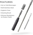 Collapsible Reusable Grey Stainless Steel Straw With Cleaner   Case