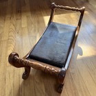 Vintage Wood Footstool Brown Lizard Print Leather Seat Bench Curved Frame 21 5   
