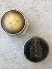  2  Vintage Art Deco Ribbed Glass Vanity Powder Jar Trinket Box Floral Brass Lid