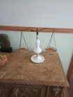 Vintage Brass Hobnail Milk Glass Scales Of Justice Great Condition 15 5  Tall