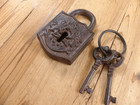 Cast Iron Lock And Key Set Large Antique Vintage Look Finish Prop Skeleton Key