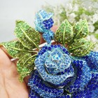 Vintage Blue Rose Flower Bud Leaf Crystal Woman s Brooch Pin Rhinestone Corsage
