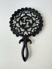 Vtg Jzh Black Cast Iron Trivet 1952 Flower W hearts Design Footed 9   
