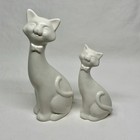 Pair Of White Ceramic Long Neck Smiling Bowtie Kitty Cat Figurine Statues