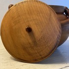 Handcrafted Wooden Lidded Bowl With Curved Wooden Handle And Turned Finial