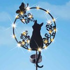 Solar Lighted Cat W  Butterfly   Flowers Metal Shadow Silhouette Garden Stake
