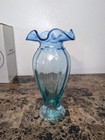Vintage Fenton Glass Vase Aquamarine Cobalt Ruffled 3240 Al  With Original Box