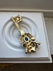 Rare  Vintage Crown Trifari Signed Golden Key Brooch Blue Glass Gem Rhinestones