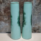 Pair Antique Mint Green Milk Glass Vases Cherub